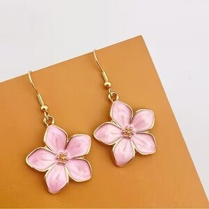 Pink Flower Earrings with Gold Accents